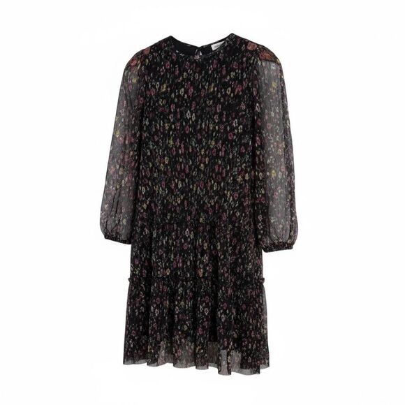 Zara Floral Pleated Sheer Sleeve Keyhole Back Tiered Mini Dress Black Size 11-12 - Picture 1 of 8